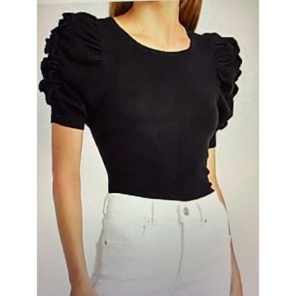 EXPRESS Short Sleeve Black Crewneck Sweater with Short Ruffle Sleeves Size L - Picture 1 of 10